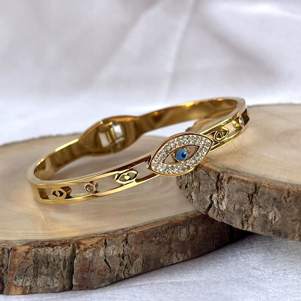 🧿 Gold-Plated Evil Eye Kada Bracelet | Crystal Studded Protective Charm Bangle ✨