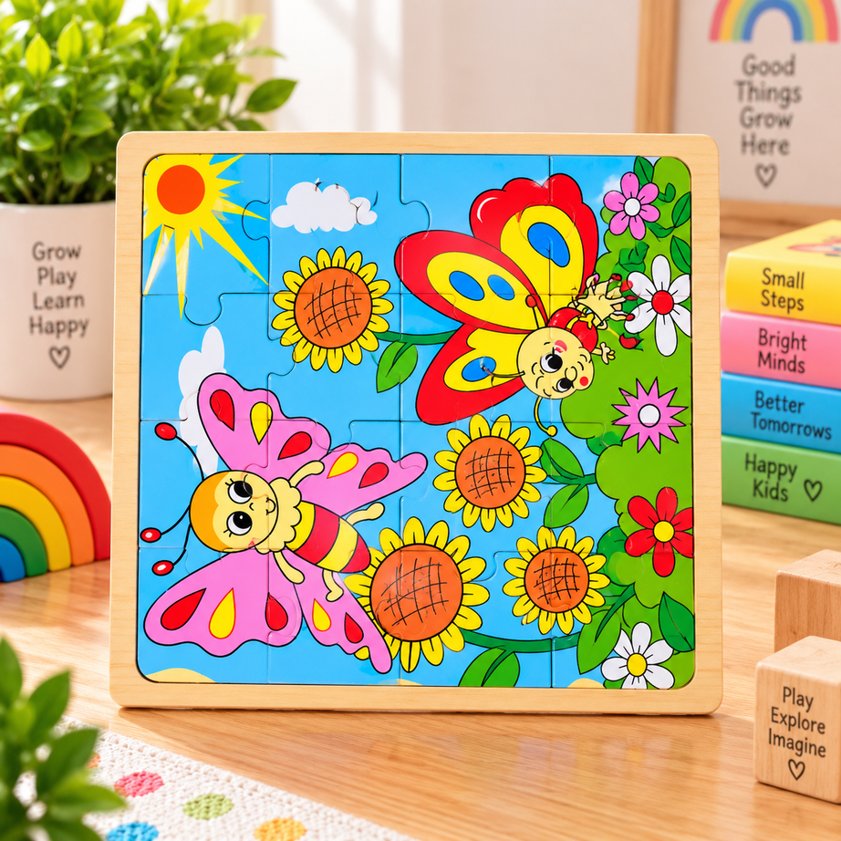 Kids Wooden Cartoon Jigsaw Puzzle Board – Colourful Educational Picture Puzzle for Early Learning & Brain Development