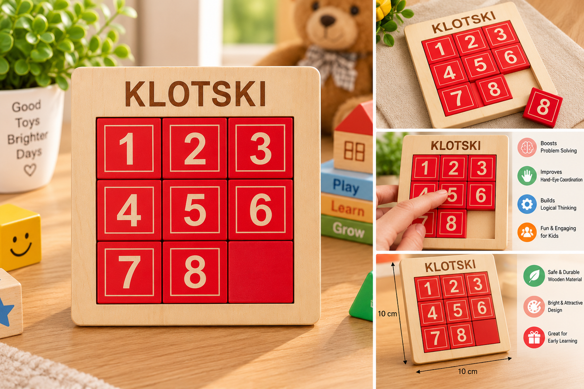 Wooden Klotski Number Sliding Puzzle – 1 to 8 Educational Brain Teaser & Logic Game for Kids