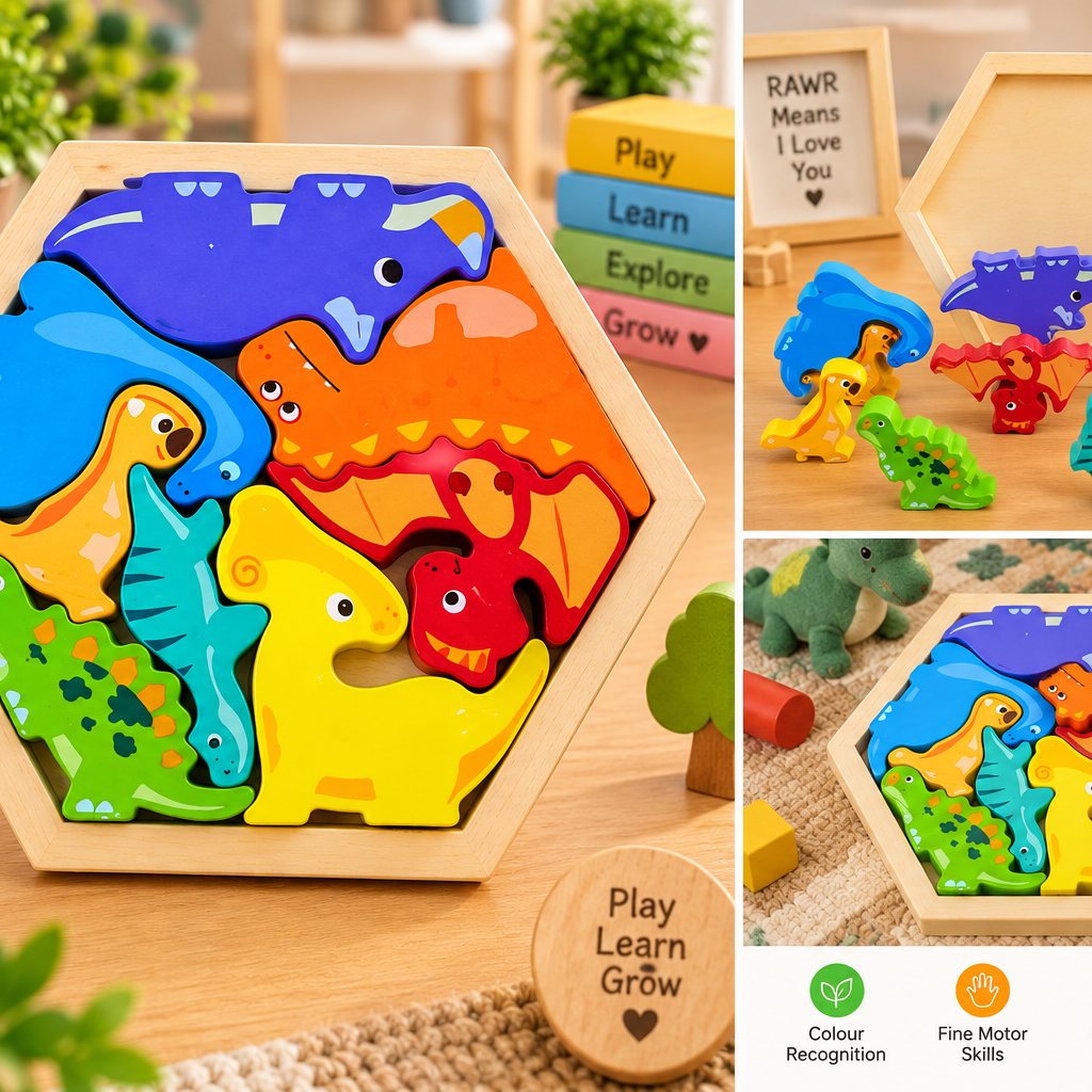 Kids Colourful Wooden Dinosaur Puzzle – Hexagon Shape Educational Dino Jigsaw &amp; Learning Toy for Children