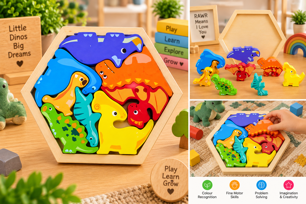Kids Colourful Wooden Dinosaur Puzzle – Hexagon Shape Educational Dino Jigsaw &amp; Learning Toy for Children