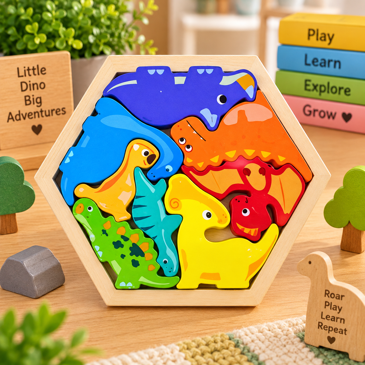 Kids Colourful Wooden Dinosaur Puzzle – Hexagon Shape Educational Dino Jigsaw &amp; Learning Toy for Children