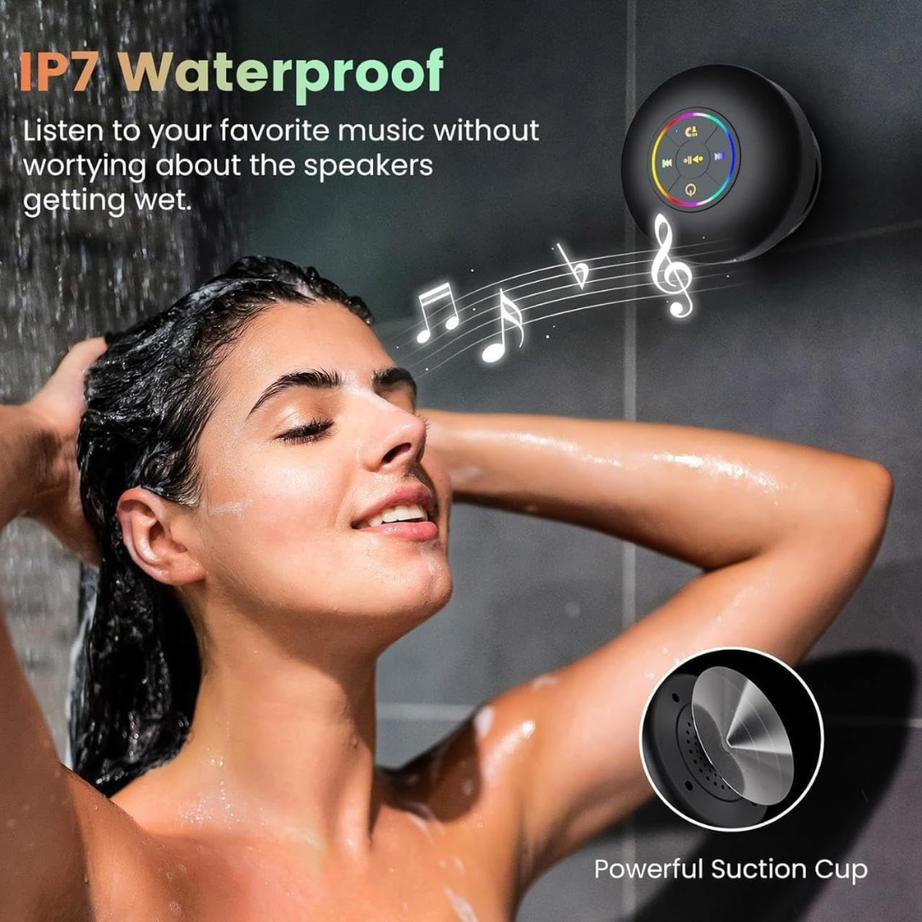 Built-in-Microphone | Mini Bluetooth Shower Audio Device with RGB Lights | Waterproof Suction Cup | IPX4 Bathroom Music Player with Mic | Portable Wireless Sound System | LED Pocket Gadget for Travel