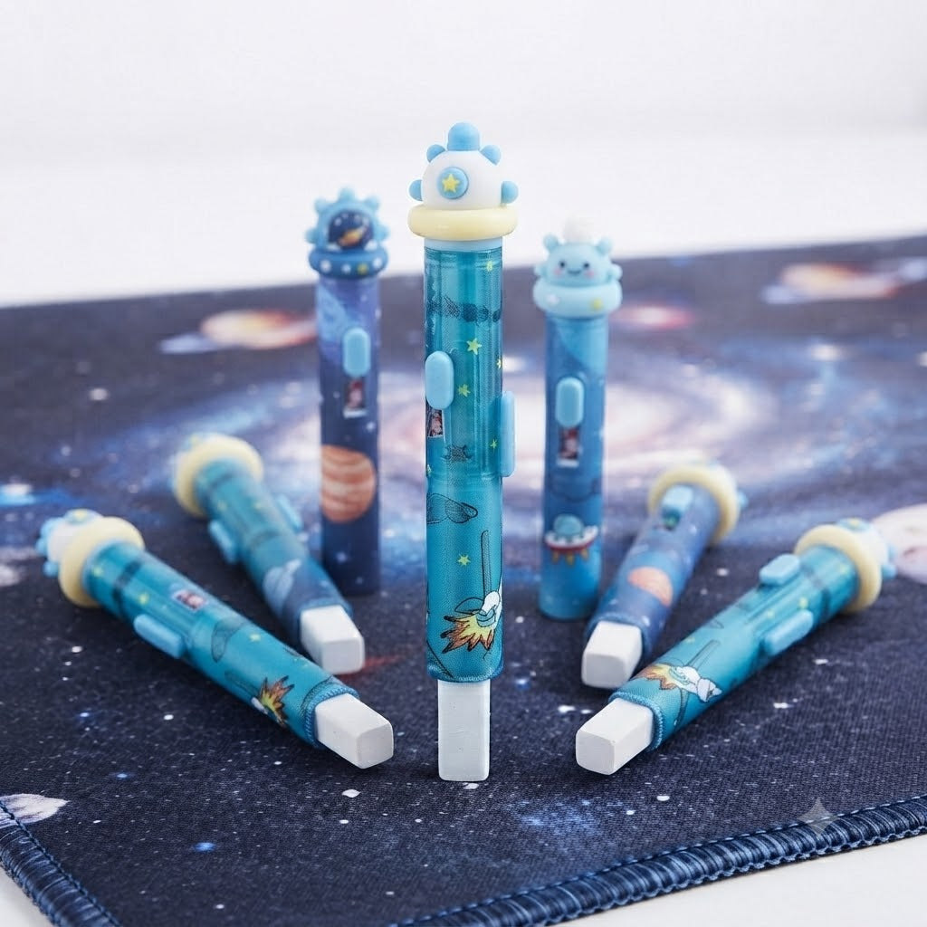 Space Rocket Push-Style Mechanical Eraser with Cute Cartoon Design & Refillable Core