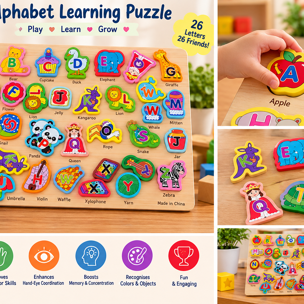 Wooden Alphabet Learning Puzzle Board – A to Z Educational ABC Matching Toy for Kids