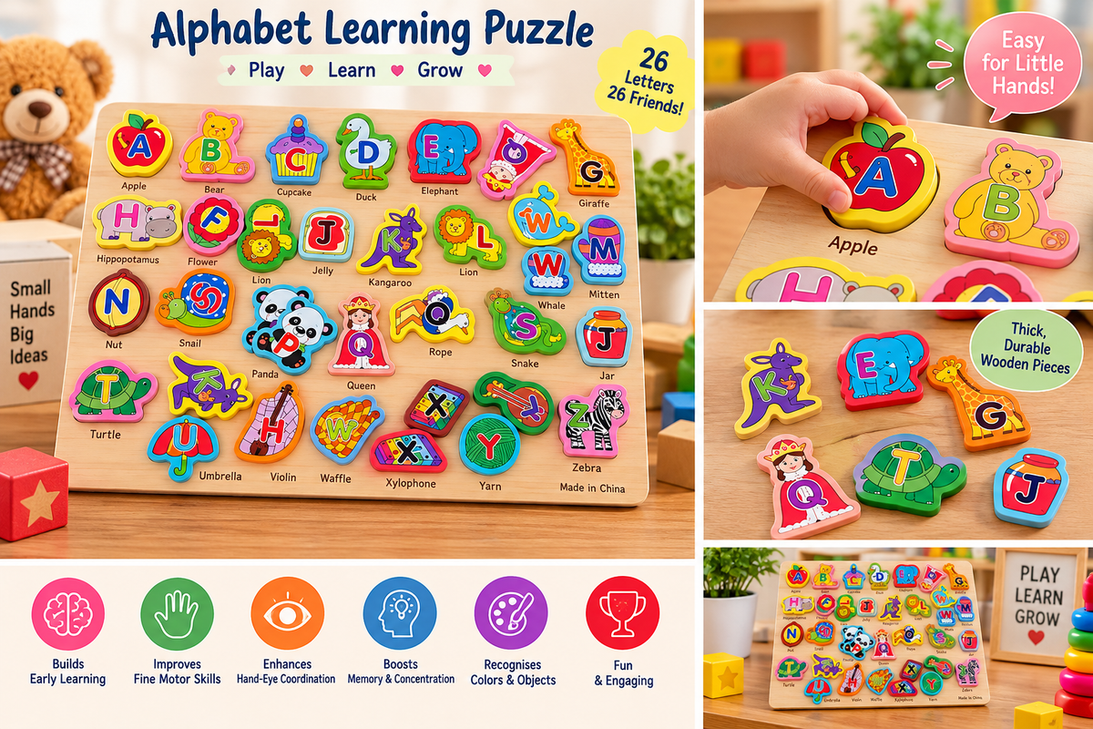 Wooden Alphabet Learning Puzzle Board – A to Z Educational ABC Matching Toy for Kids