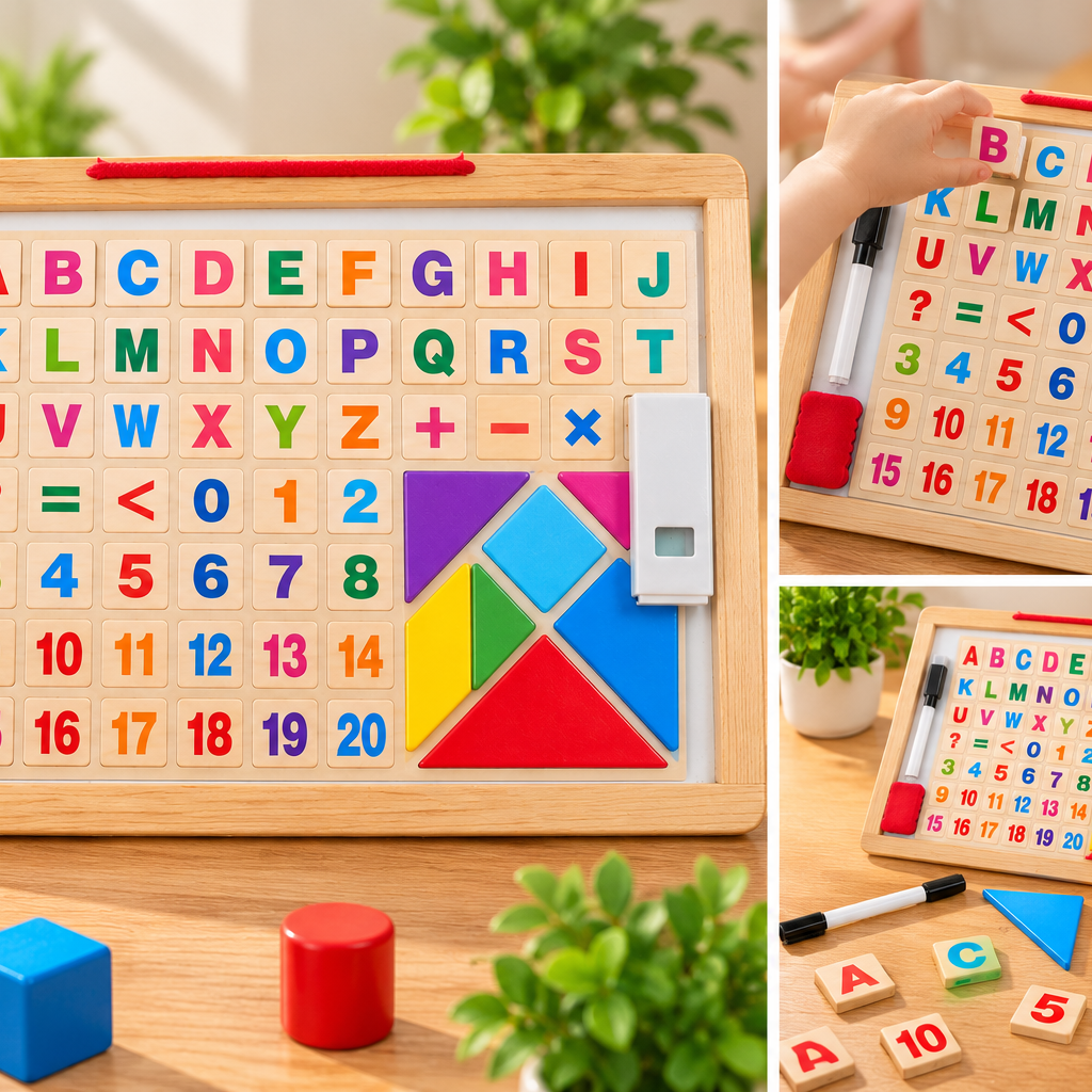 Wooden 4-in-1 Educational Learning Board with Alphabet, Numbers, Math Symbols & Tangram Puzzle