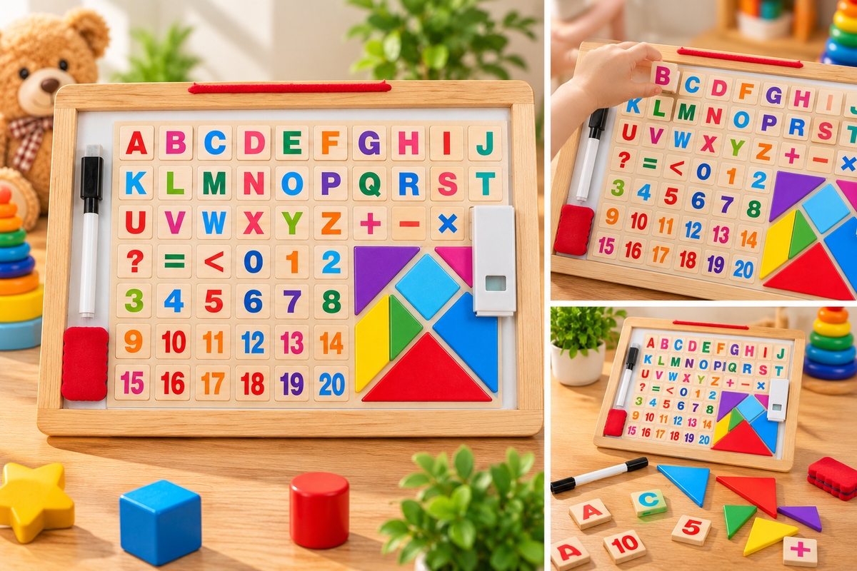 Wooden 4-in-1 Educational Learning Board with Alphabet, Numbers, Math Symbols & Tangram Puzzle