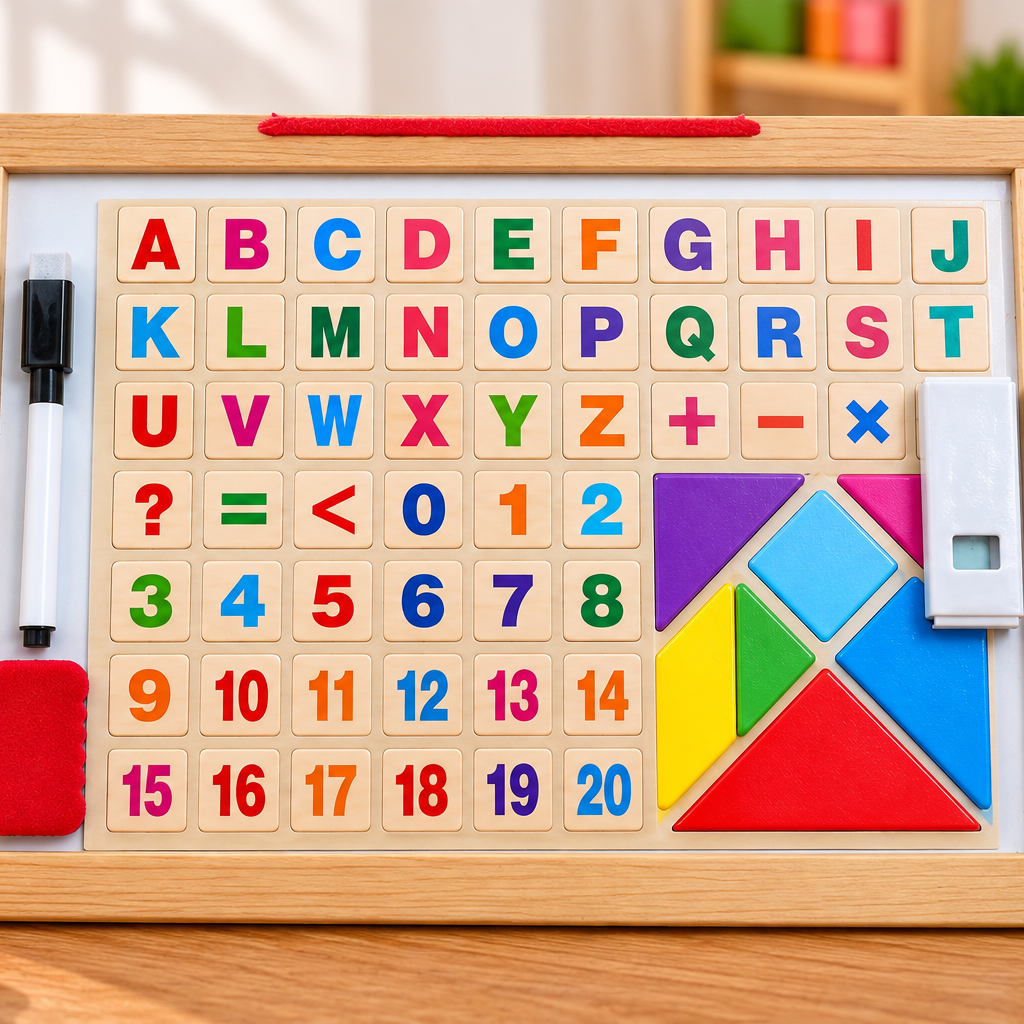 Wooden 4-in-1 Educational Learning Board with Alphabet, Numbers, Math Symbols & Tangram Puzzle