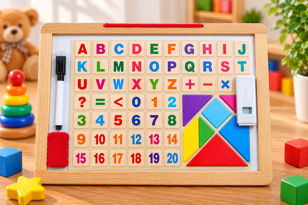Wooden 4-in-1 Educational Learning Board with Alphabet, Numbers, Math Symbols & Tangram Puzzle