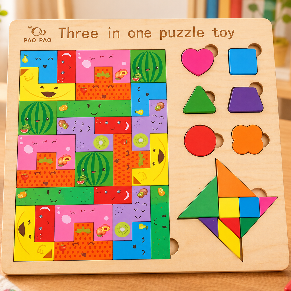 3-in-1 Wooden Puzzle & Tangram Learning Board for Kids – Shape Sorting, Pattern Puzzle & Educational Activity Toy