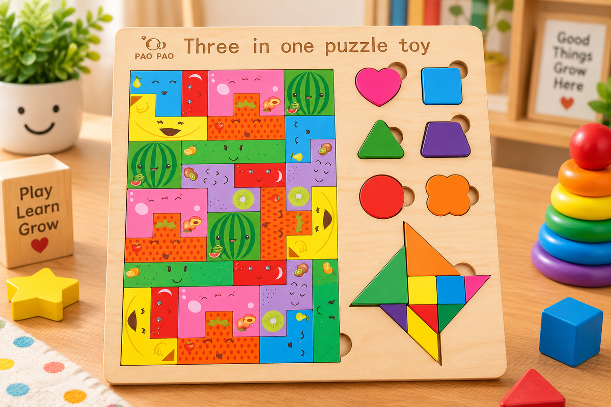 3-in-1 Wooden Puzzle & Tangram Learning Board for Kids – Shape Sorting, Pattern Puzzle & Educational Activity Toy