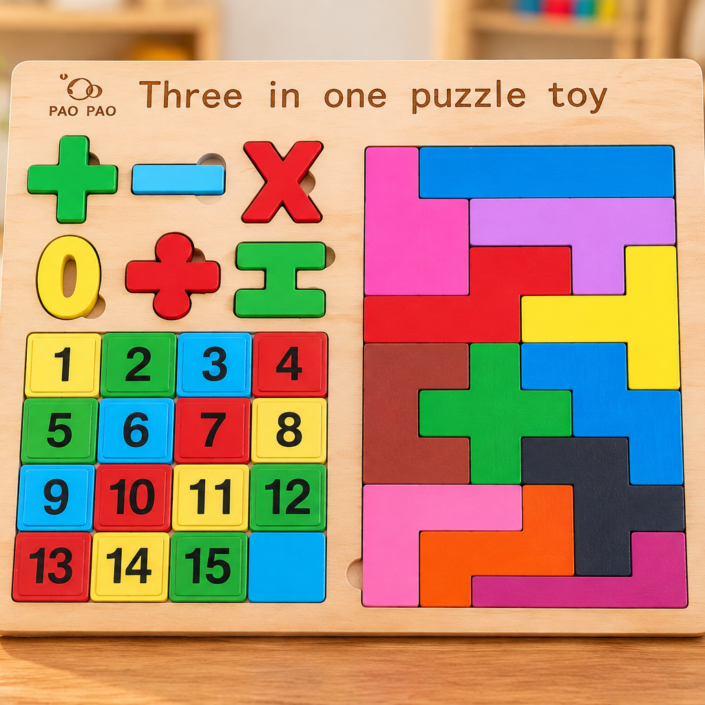 3-in-1 Wooden Number, Math Symbols & Tetris Puzzle Learning Board for Kids