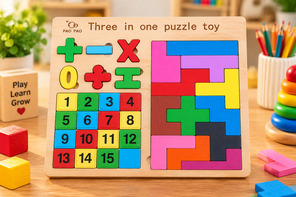3-in-1 Wooden Number, Math Symbols & Tetris Puzzle Learning Board for Kids