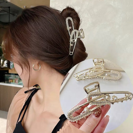 Elegant Pearl-Embedded Gold Metal Hair Claw Clip | Premium Minimal Accessory