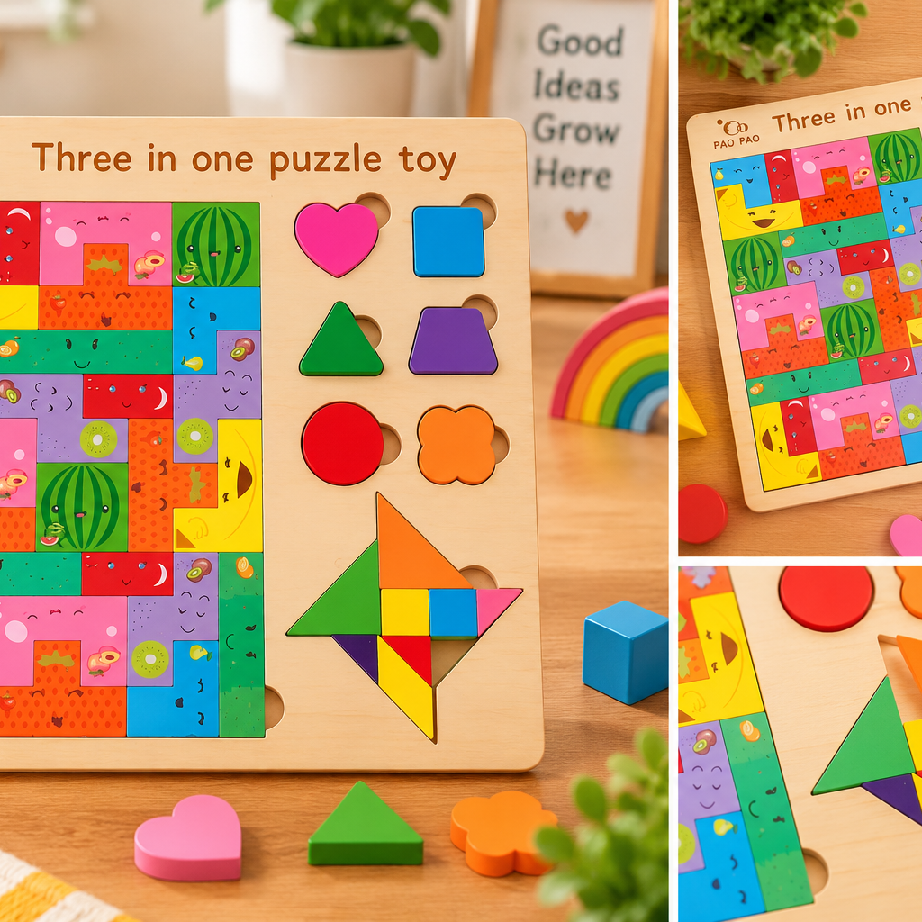 3-in-1 Wooden Puzzle & Tangram Learning Board for Kids – Shape Sorting, Pattern Puzzle & Educational Activity Toy