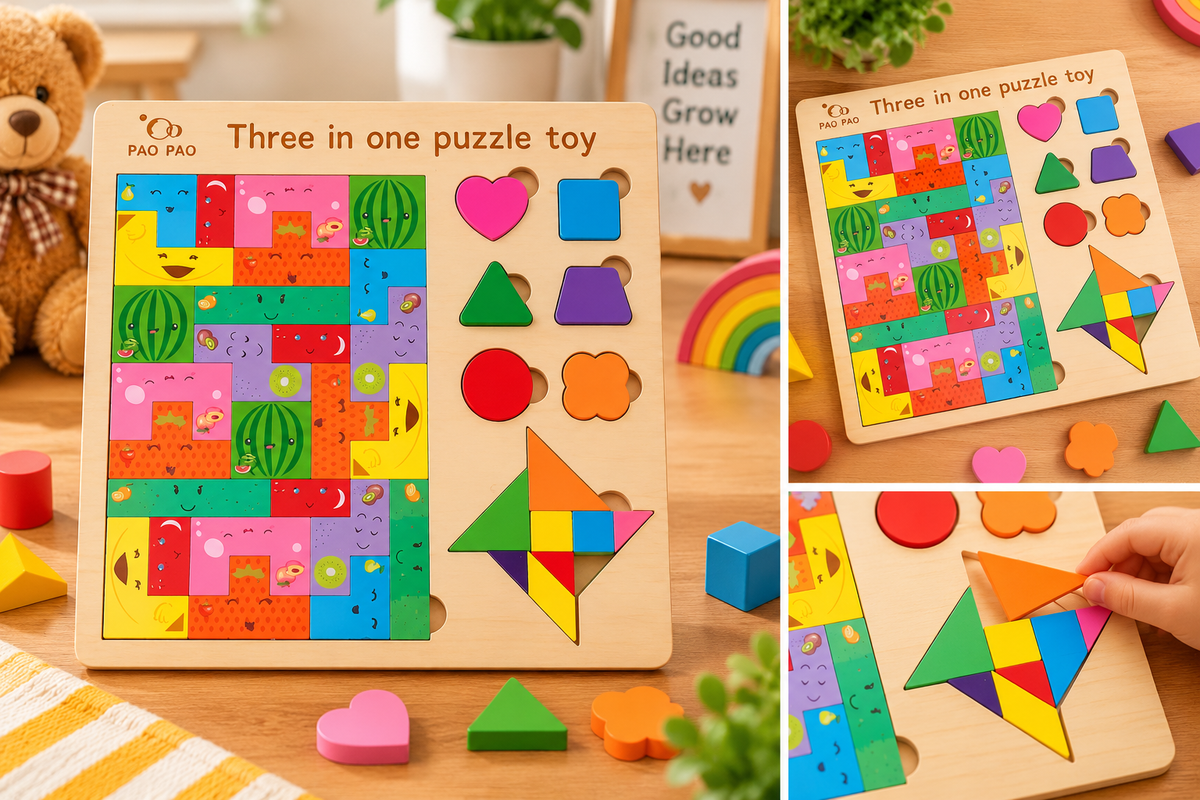 3-in-1 Wooden Puzzle & Tangram Learning Board for Kids – Shape Sorting, Pattern Puzzle & Educational Activity Toy