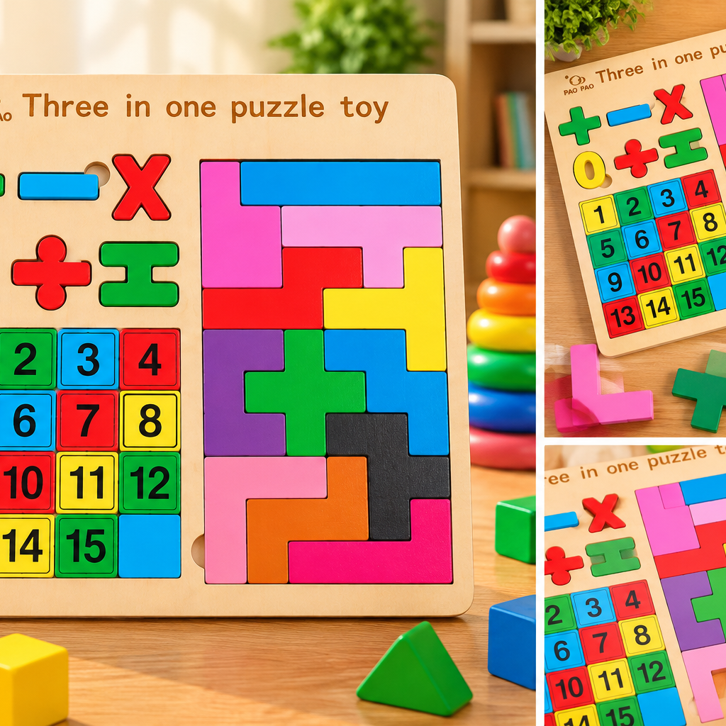 3-in-1 Wooden Number, Math Symbols & Tetris Puzzle Learning Board for Kids