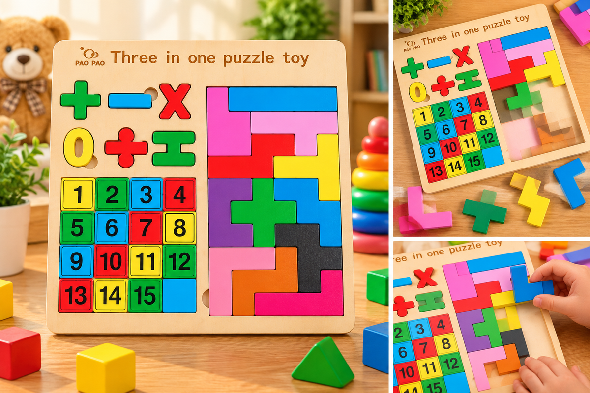 3-in-1 Wooden Number, Math Symbols & Tetris Puzzle Learning Board for Kids