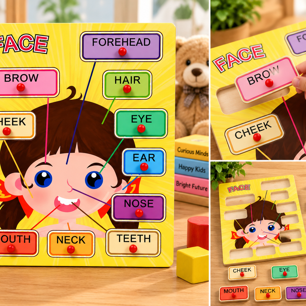 Wooden Face Parts Learning Knob Puzzle for Kids – Educational Body Parts Recognition & Early Learning Toy