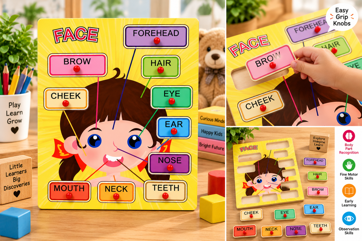Wooden Face Parts Learning Knob Puzzle for Kids – Educational Body Parts Recognition & Early Learning Toy