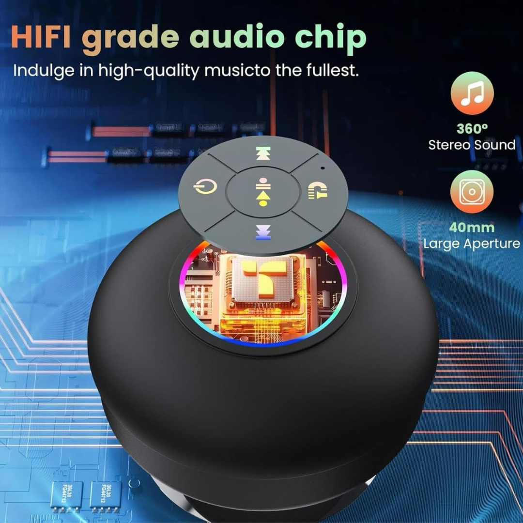 Built-in-Microphone | Mini Bluetooth Shower Audio Device with RGB Lights | Waterproof Suction Cup | IPX4 Bathroom Music Player with Mic | Portable Wireless Sound System | LED Pocket Gadget for Travel