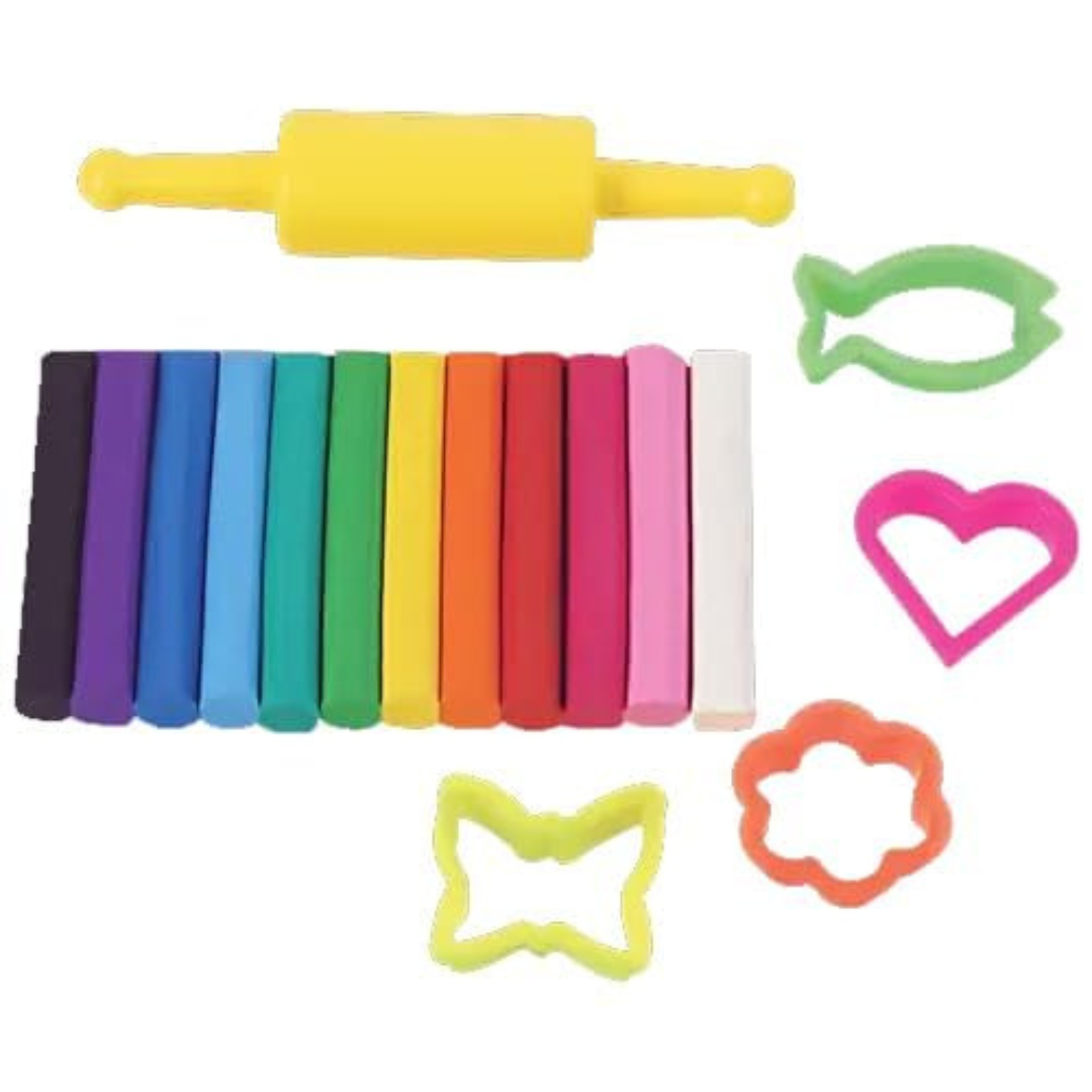 Modeling Clay Set | Pack of 12 Color Bars + 1 Roller + 4 Moulds | Creative Clay Dough for Kids