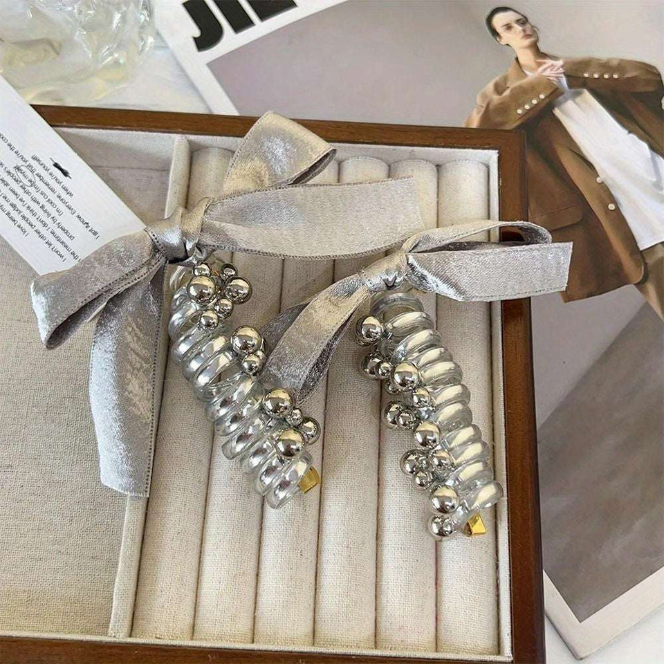 Elegant Bow Hair Clip with Pearl Beads | Stylish Metallic Finish Snap Clip 🎀✨