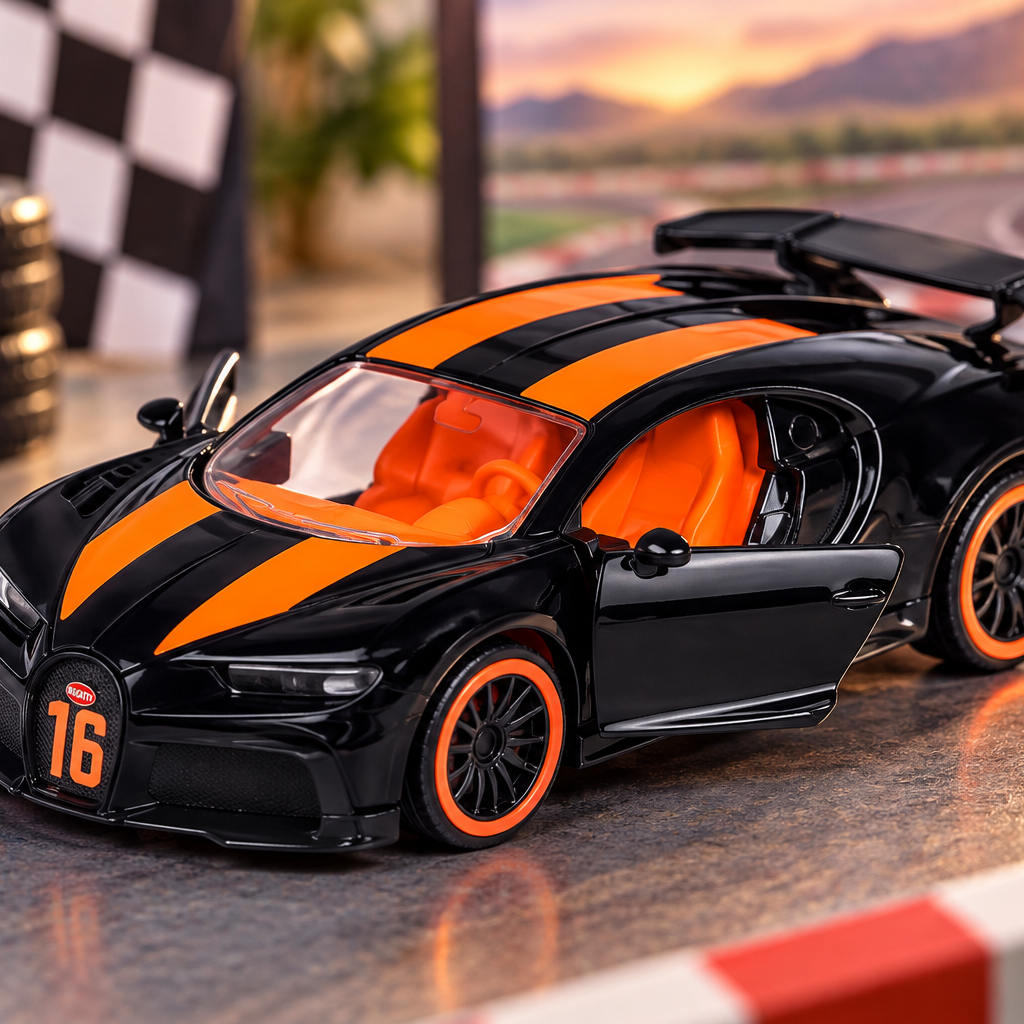 Majorette Bugatti Chiron Pur Sport Racing Cars Die-Cast Model – Black & Orange Collectible Supercar Toy
