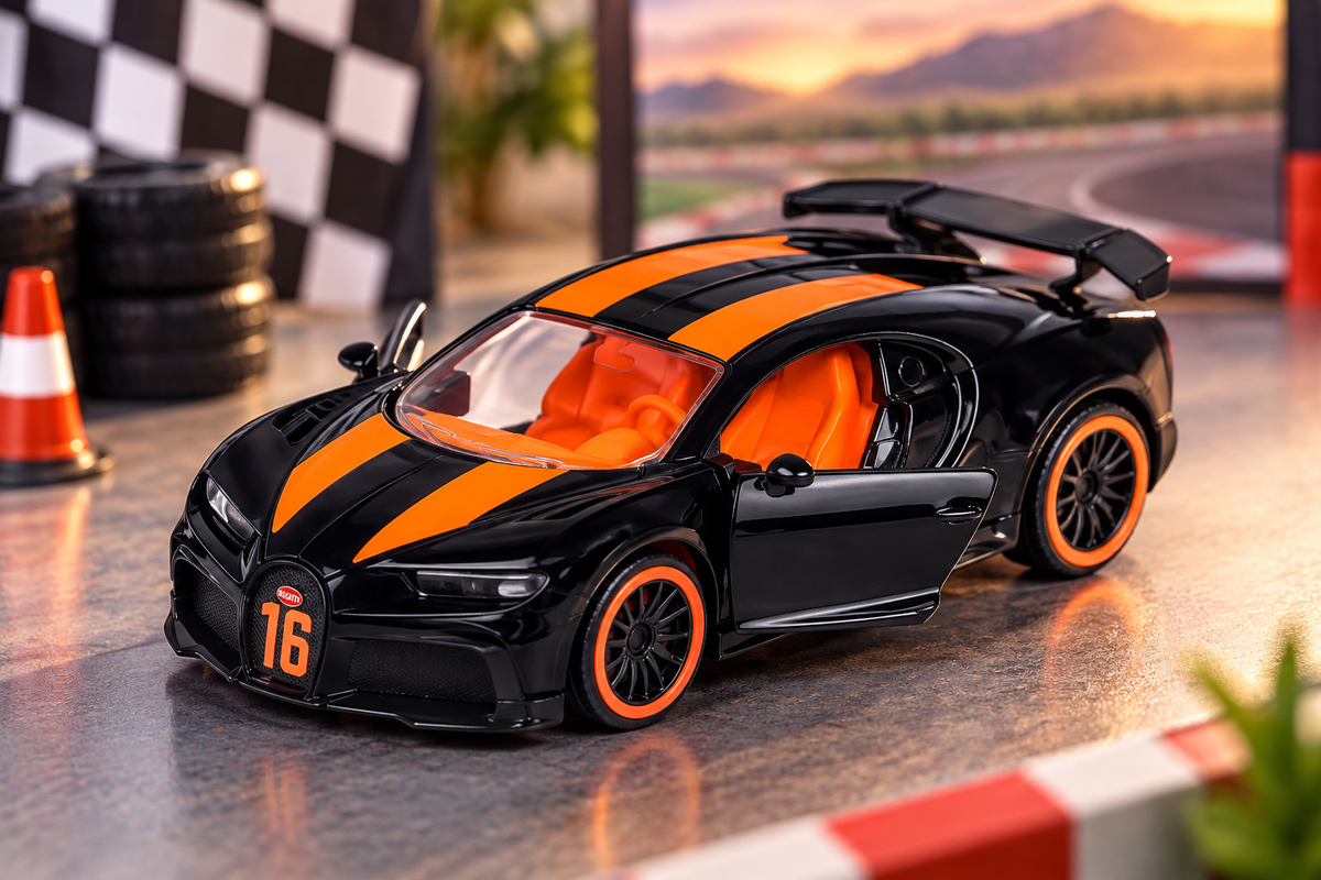 Majorette Bugatti Chiron Pur Sport Racing Cars Die-Cast Model – Black & Orange Collectible Supercar Toy