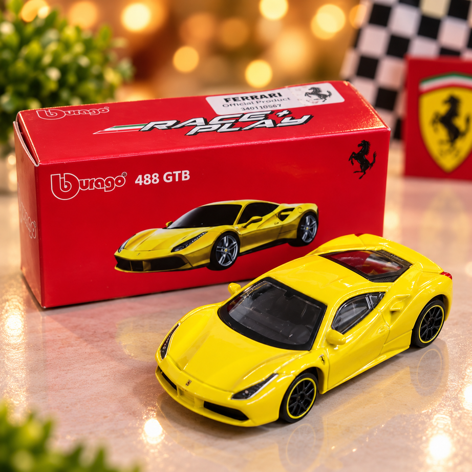 Bburago Ferrari 488 GTB Yellow Die-Cast Sports Car Model – Collectible Toy Car