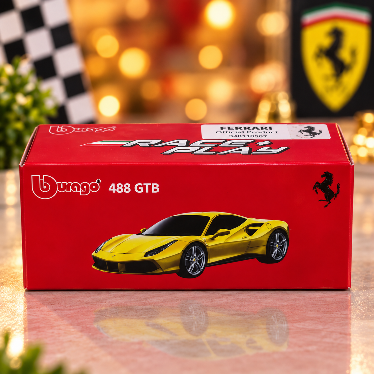 Bburago Ferrari 488 GTB Yellow Die-Cast Sports Car Model – Collectible Toy Car