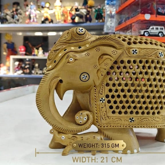 Hand-Carved Wooden Jaipuri Elephant Showpiece with Baby Elephant Carving and Intricate Jali Work