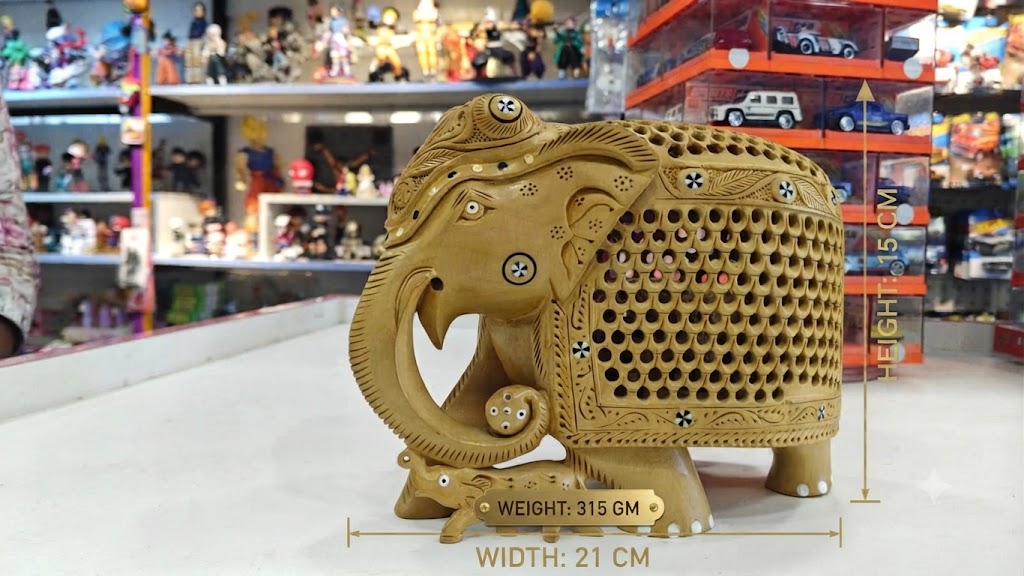 Hand-Carved Wooden Jaipuri Elephant Showpiece with Baby Elephant Carving and Intricate Jali Work