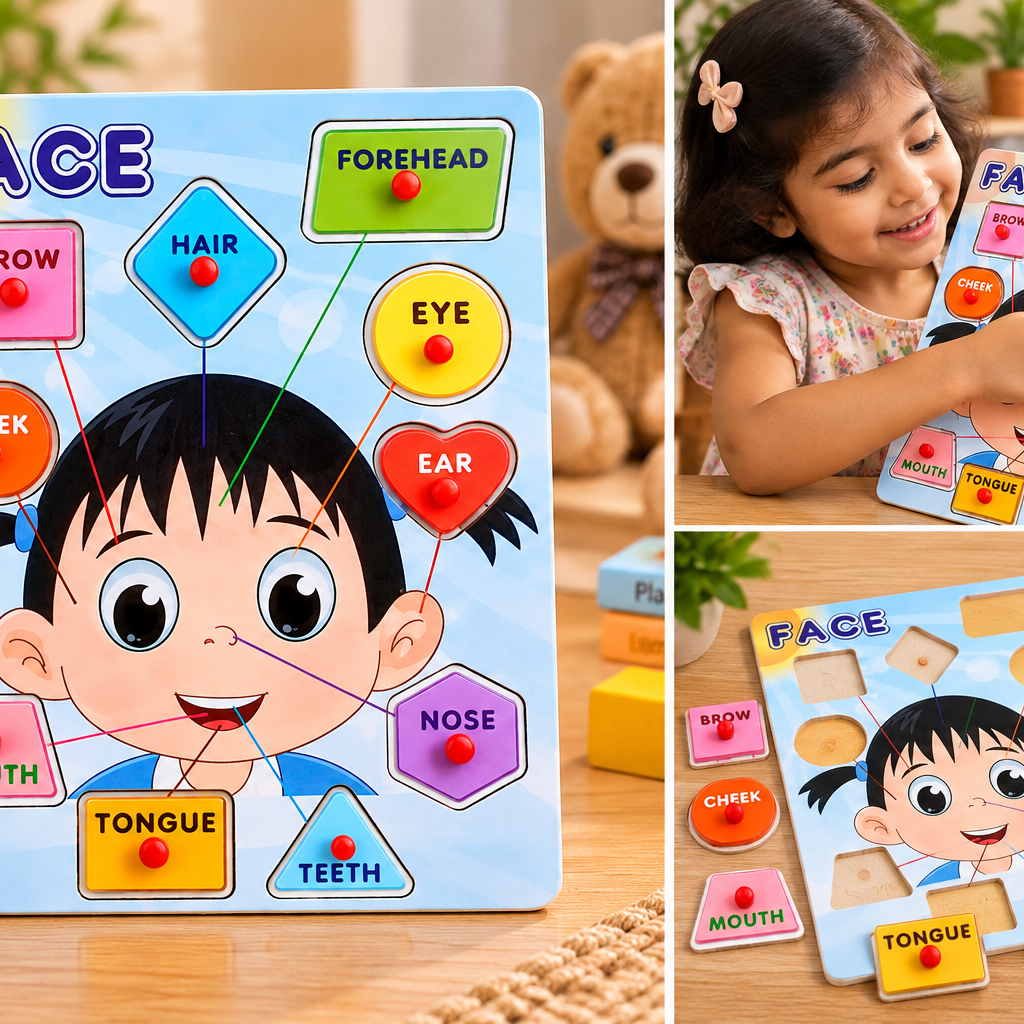 Wooden Face Parts Learning Knob Puzzle for Kids – Body Parts Recognition & Early Educational Toy