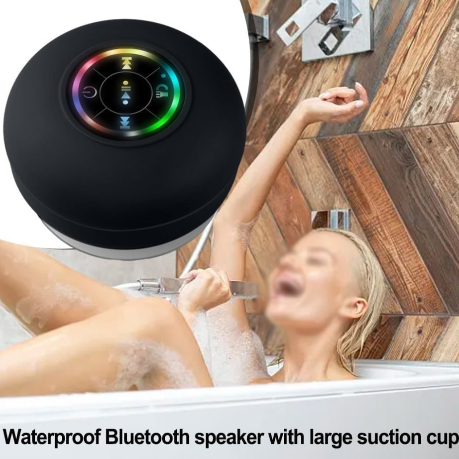 Built-in-Microphone | Mini Bluetooth Shower Audio Device with RGB Lights | Waterproof Suction Cup | IPX4 Bathroom Music Player with Mic | Portable Wireless Sound System | LED Pocket Gadget for Travel