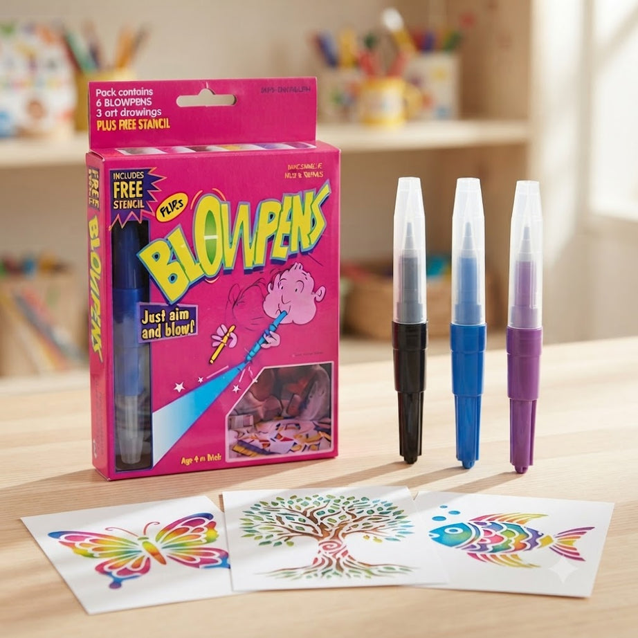 FunBlast Blow Pens Set for Kids – Creative Air Brush Art & Drawing Activity Kit with 6 Blow Pens, Stencils, and Stamping/Drawing Pieces