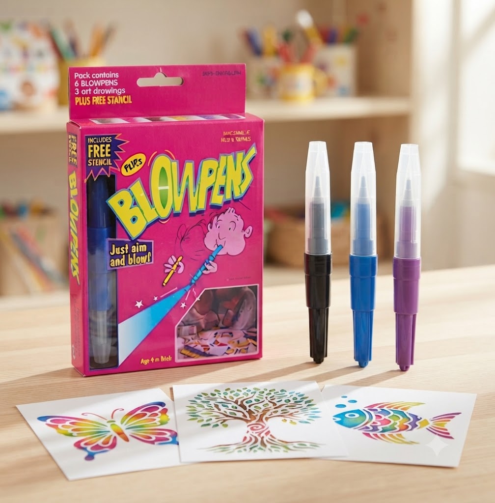 FunBlast Blow Pens Set for Kids – Creative Air Brush Art & Drawing Activity Kit with 6 Blow Pens, Stencils, and Stamping/Drawing Pieces