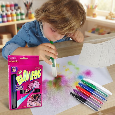 FunBlast Blow Pens Set for Kids – Creative Air Brush Art & Drawing Activity Kit with 6 Blow Pens, Stencils, and Stamping/Drawing Pieces