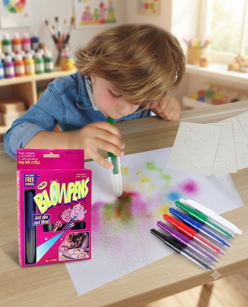 FunBlast Blow Pens Set for Kids – Creative Air Brush Art & Drawing Activity Kit with 6 Blow Pens, Stencils, and Stamping/Drawing Pieces
