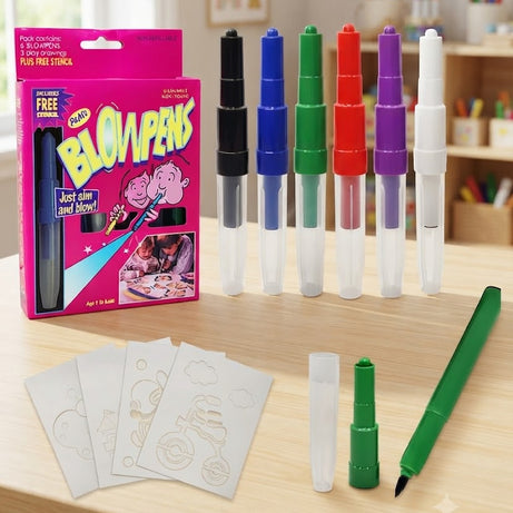 FunBlast Blow Pens Set for Kids – Creative Air Brush Art & Drawing Activity Kit with 6 Blow Pens, Stencils, and Stamping/Drawing Pieces
