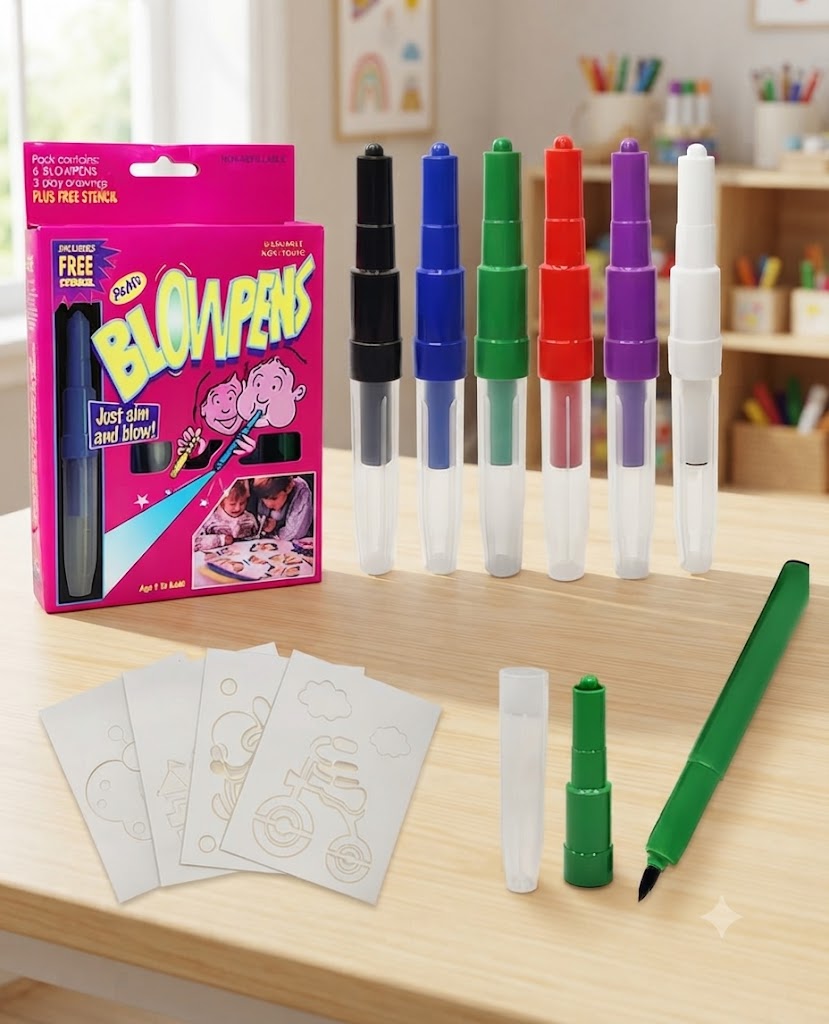 FunBlast Blow Pens Set for Kids – Creative Air Brush Art & Drawing Activity Kit with 6 Blow Pens, Stencils, and Stamping/Drawing Pieces