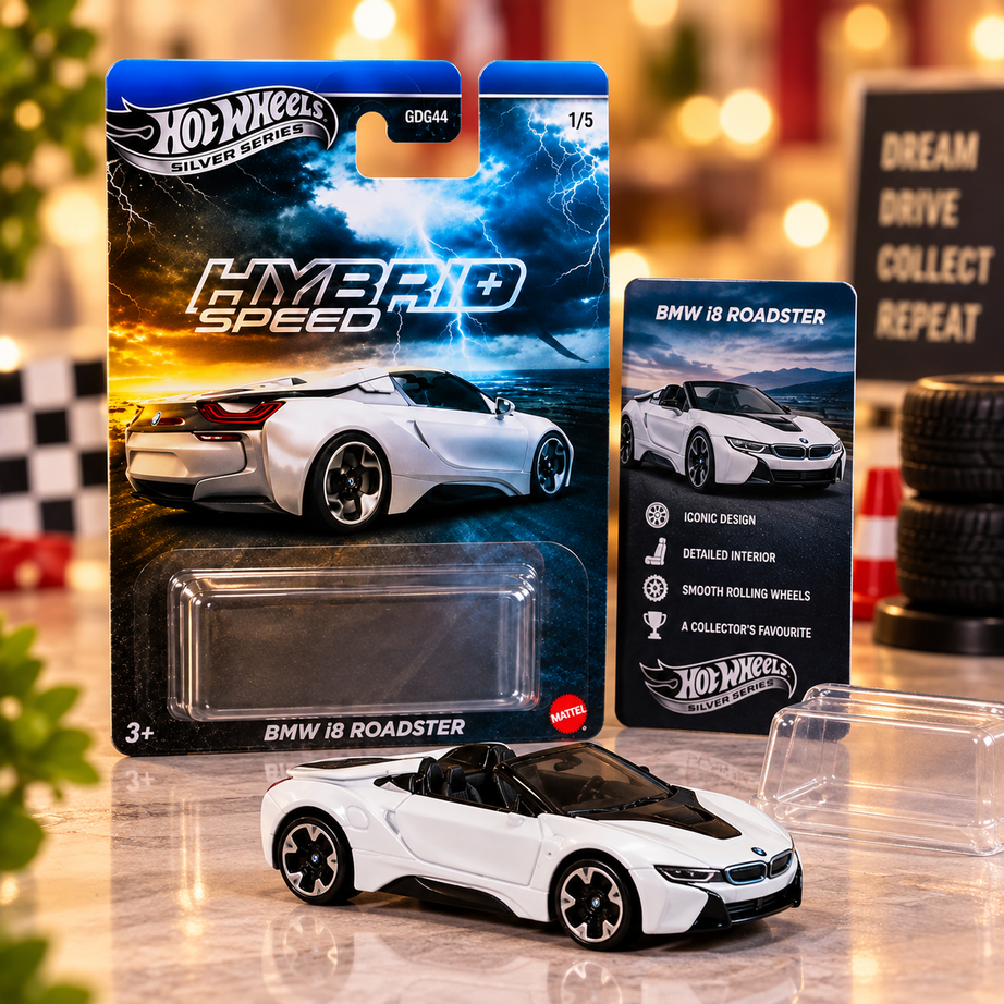 Hot Wheels Silver Series BMW i8 Roadster – Hybrid Speed 1/5 | Premium Die-Cast Collectible Car
