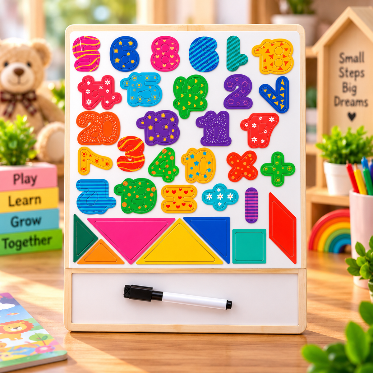 Wooden Magnetic Numbers, Maths Symbols & Shapes Learning Board with Whiteboard & Marker – Educational Activity Toy for Kids