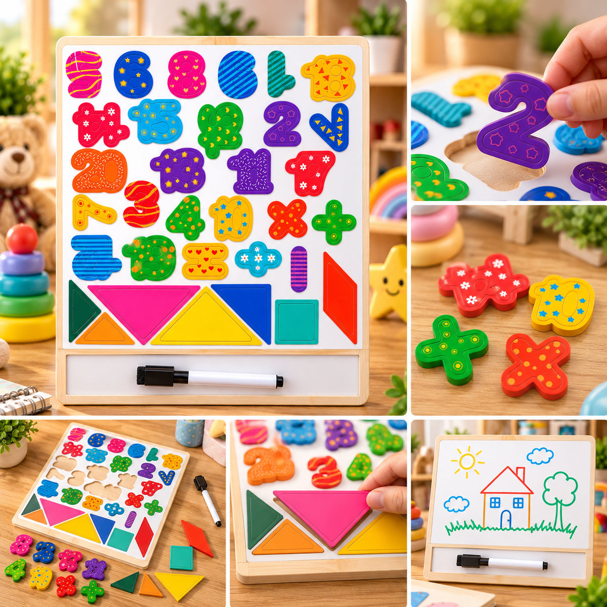 Wooden Magnetic Numbers, Maths Symbols & Shapes Learning Board with Whiteboard & Marker – Educational Activity Toy for Kids