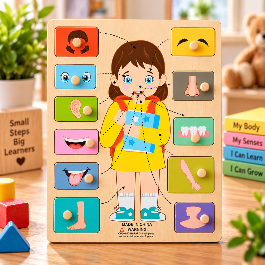 Wooden My Body Parts Learning Puzzle for Kids – Educational Matching Board with Easy-Grip Knobs