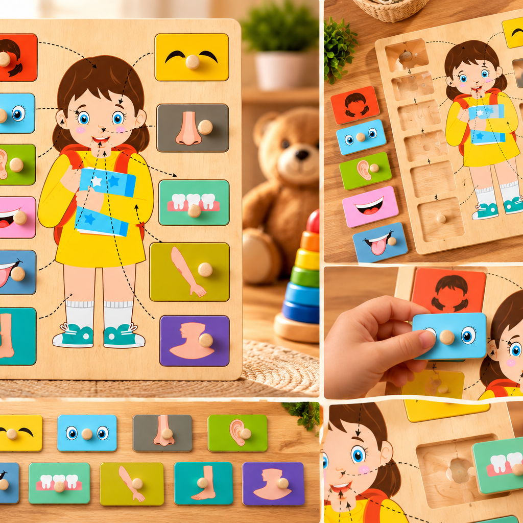 Wooden My Body Parts Learning Puzzle for Kids – Educational Matching Board with Easy-Grip Knobs