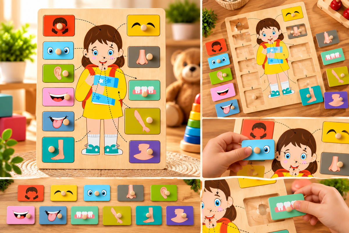 Wooden My Body Parts Learning Puzzle for Kids – Educational Matching Board with Easy-Grip Knobs