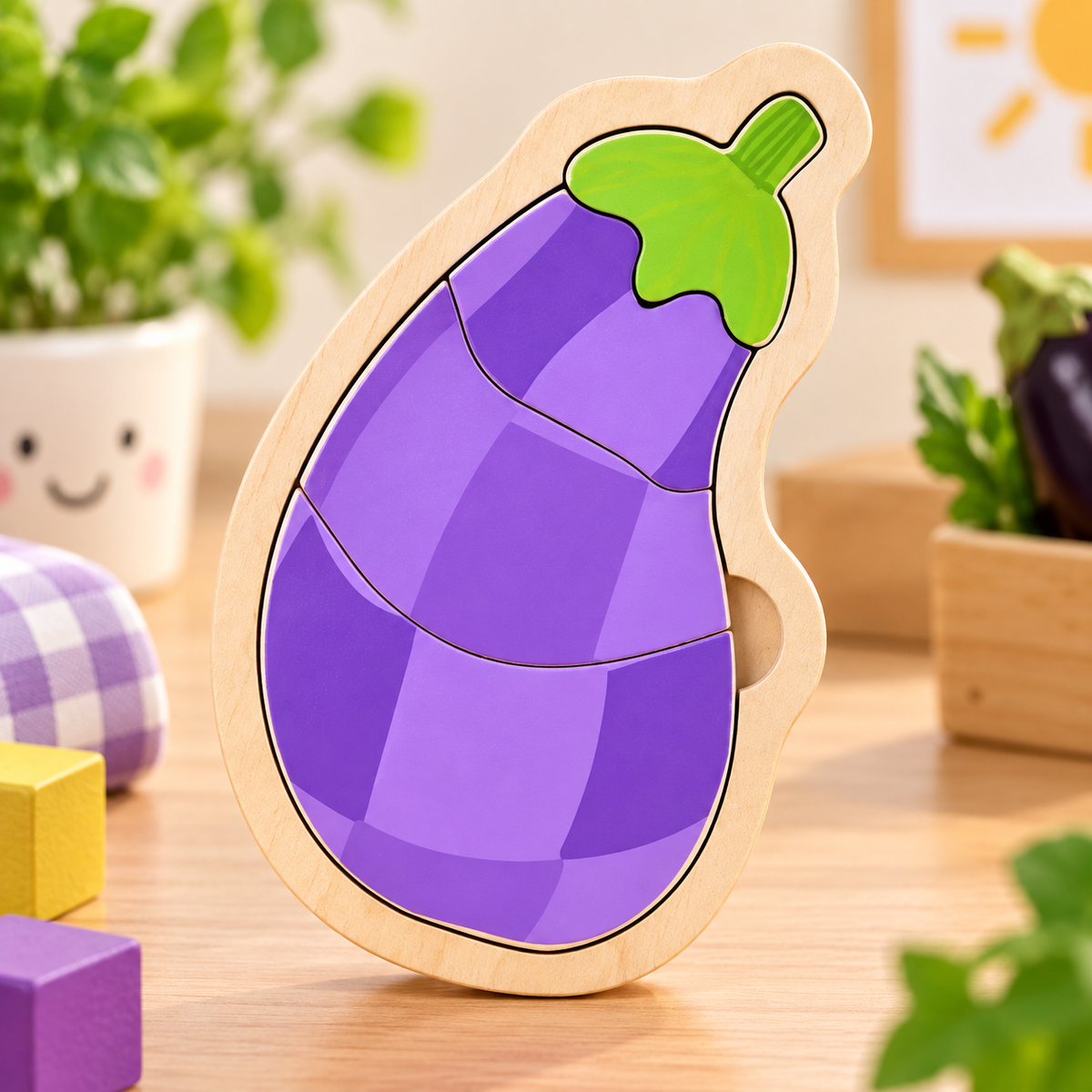 4-Piece Wooden Brinjal Vegetable Puzzle for Kids – Colour Recognition & Early Learning Jigsaw Toy