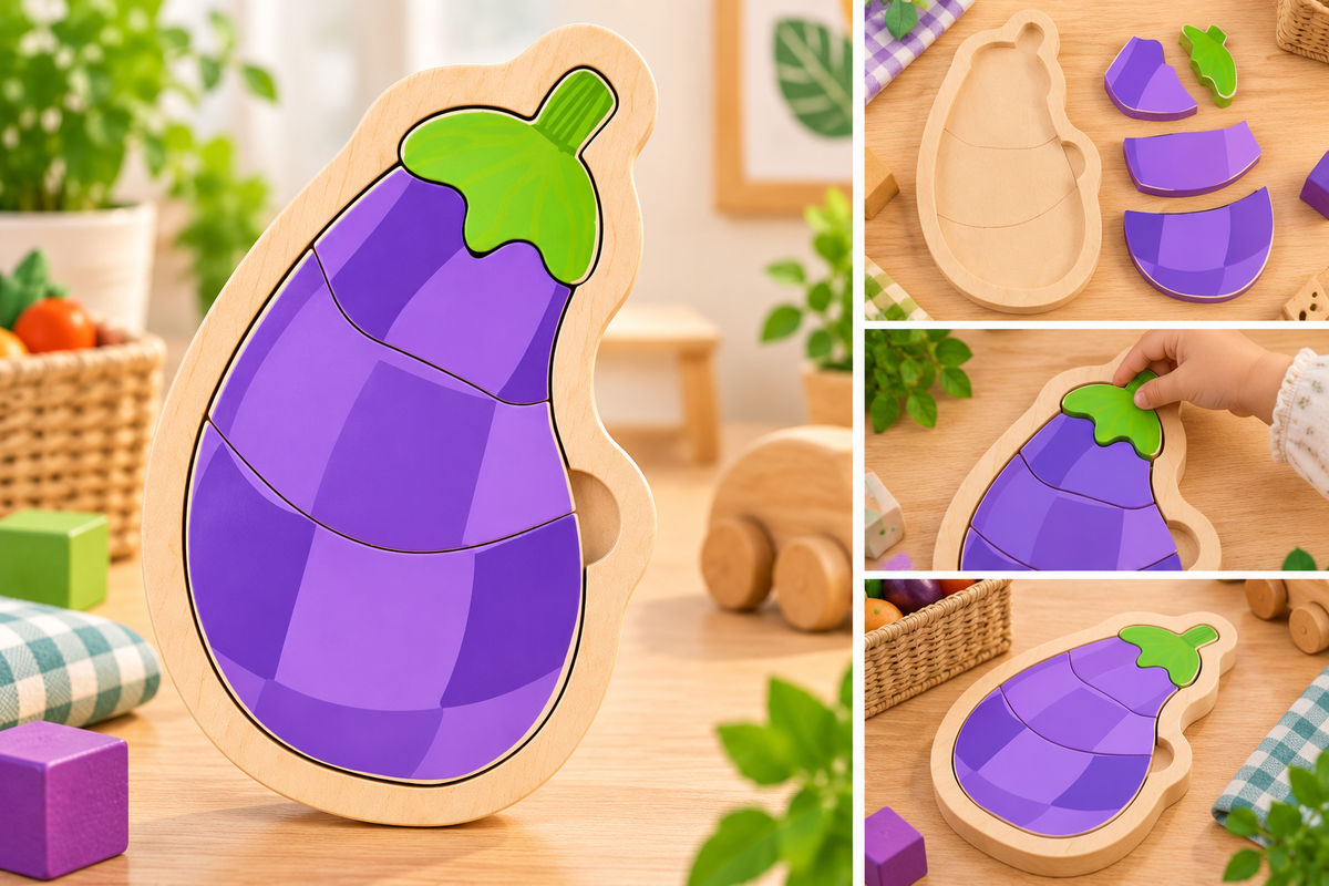 4-Piece Wooden Brinjal Vegetable Puzzle for Kids – Colour Recognition & Early Learning Jigsaw Toy